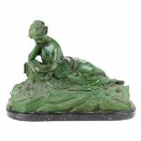 FRENCH SCHOOL, C20th "LADY RELAXING"Patinated bronzeSigned B. Rosier. Stone base. 38 x 50 x 20cm inc