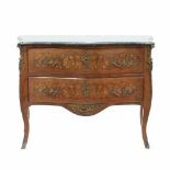 LOUIS XV STYLE FRENCH CHEST OF DRAWERS. C20thRosewood with fine wood marquetry. Two drawers. Handles