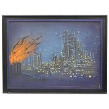 ISMAEL GONZÁLEZ DE LA SERNA (1898-1968). "VIEW OF CITY IN FLAMES."Mixed medIa on woodPublished in