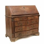 CATALAN WRITING DESK, C 18thWalnut with marquetry. Handles & keyholes in gilded bronze. Folding