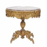 FRENCH CENTRE TABLE, LATE C19th -EARLY C20thCarved gilded wood. Marble top. Old restoration to