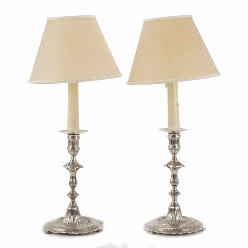 PAIR OF SILVER CANDELSTICKS, FIRST HALF C20thNot hallmaarked, Converted into lamps. 1.034kg total