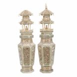 PAIR OF CHINESE PAGODA VASES. SECOND HALF C20th.Sheets of carved bone engraved and painted. Two