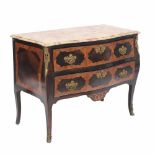 LOUIS XV CHEST OF DRAWERS, C18thMarble topped walnut with marquetry and gilded bronze trim. No