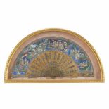 CHINESE FAN "THOUSAND FACES", MID C19thPainted leaf with ivory appliques & gilded & enamelled