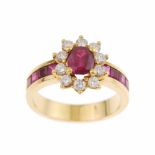 ROSETTE RUBY RINGYellow gold with central oval cut ruby and carré cut ruby in the band. Total weight