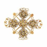 CROSS BROOCH, C19th560mm gold with irregular pearls. 4 x 4.7cm 12.5gr.- - -18.00 % buyer's premium