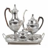 LARGE PORTIGUESE SILVER COFFEE POT, SUGAR BOWL AND TRAY, LATE C19th AND FIRST HALF C20thPortuguese