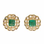 EMERALD EARRINGS.Yellow gold with rosette of rose cut diamonds & central square cut emerald. Clip