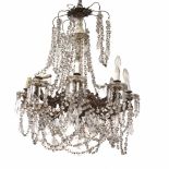 CEILING LIGHT. MID C 20thMetal with strings of cut crystal beads. Eight lights. Some flaws &