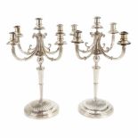 PAIR OF SPANISH SILVER CANDELABRAS, MID C20th.Roca Jeweller hallmark. Five lights and four arms. May