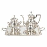 SILVER BARCELONA COFFEE SET, FIRST QUARTER C20th.Tray hallmarked by jeweller Mostany, Llopart i cia.