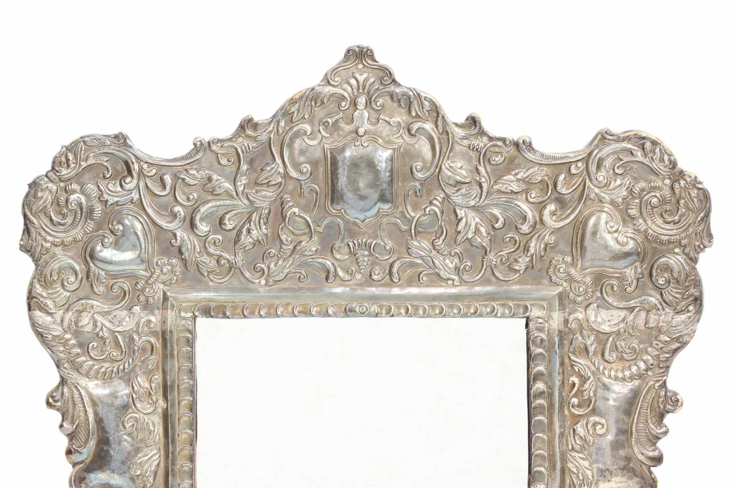 TABLE TOP MIRROR WITH SILVER FRAME, PROBABLY END C16th.Silver openwork. Subsequently added wooden - Image 2 of 2