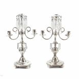 PAIR OF SILVER BARCELONA CANDELABRAS, C19th.Silver and cut glass, Two lights each. Saderra