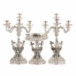SILVER DECORATIVE CENTRE PIECE AND PAIR OF CANDELABRAS, MID C20th.Hallmarked. Silver 925.