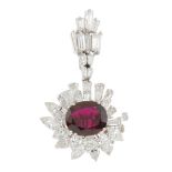 DIAMOND AND RUBY PENDANT, MID C20th.Platinum with trapeze, marquise and baguette cut diamonds, total