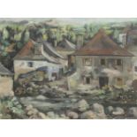 JOAN SERRA MELGOSA (1899-1970). "LANDSCAPE WITH RIVER AND HOUSES"Oil on canvas.Signed. Glazed. 54