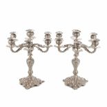 PAIR OF SPANISH SILVER CANDELABRAS, MID C20th.Hallmarked. Seven lights and six arms. 2.852 kg.