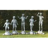 Statuary: After Eneri Prosperi: A bronze group of five children each standing on stepping stones one