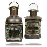 Lighting: Two copper glazed ships lanterns late 19th century one stamped GM Hammar the larger 52cm