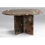Tables: A rounded rectangular fossil marble table with orthoceras and ammonite specimens, Moroccan,