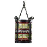 Lights/Lighting: A cylindrical painted bronze hanging lanternlate 19th centurywith stained glass