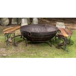 Fire Bowls: † A large wrought iron kadaimodern132cm diameter, together with a pair of curved wrought