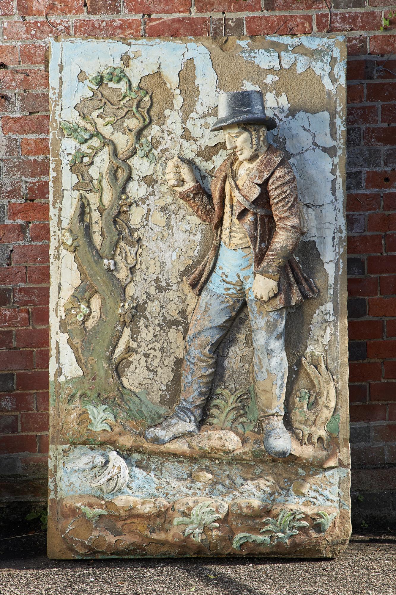 Architectural: A rare Georgian carved sandstone panel of Izaac Walton, late 18th century, standing