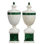 Interior Design/Minerals: A pair of malachite and white marble urns, modern, 50cm high