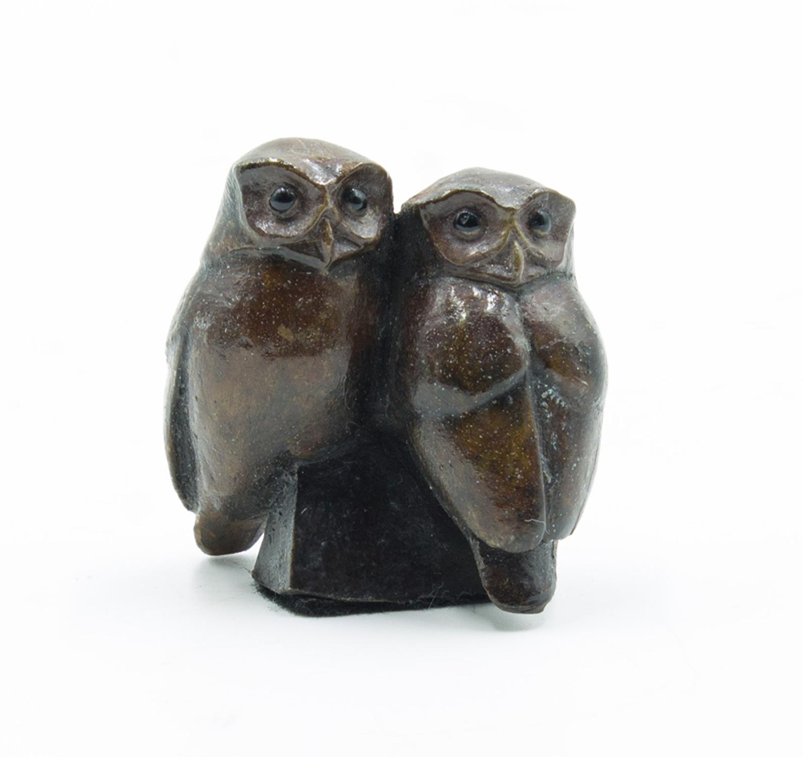 Sculpture: Andy DeComyn, A Pair Of Owls, Bronze, 5cm high by 5cm wide by 3cm deep