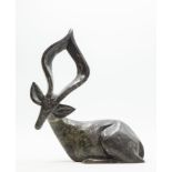 Sculpture: Fungai Dodzo, Resting Duiker, Cobalt stone, 40cm high by 32cm wide by 11.5cm deep