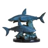 Sculpture: Blue Sharks, signed Wyland 1999, Bronze on marble plinth, Edition 202 of 300, 25cm high