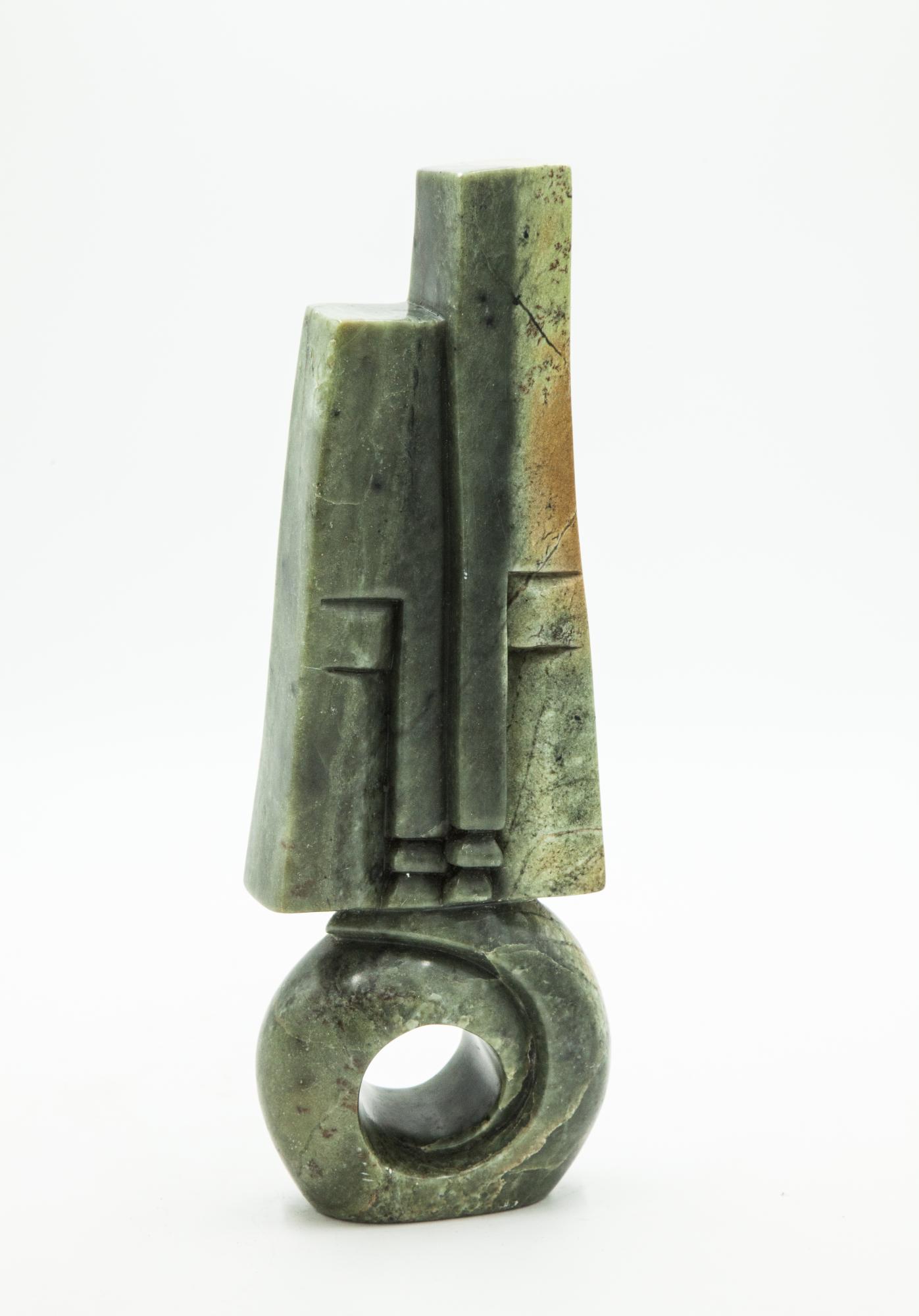 Sculpture: Abel Makuvise, Happy Together, Serpentine stone, 33.5cm high by 12cm wide by 7cm deep