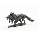 Sculpture: Linda Frances, Fox Carrying Cub, Bronze, 10cm high by 21cm wide by 8cm deep