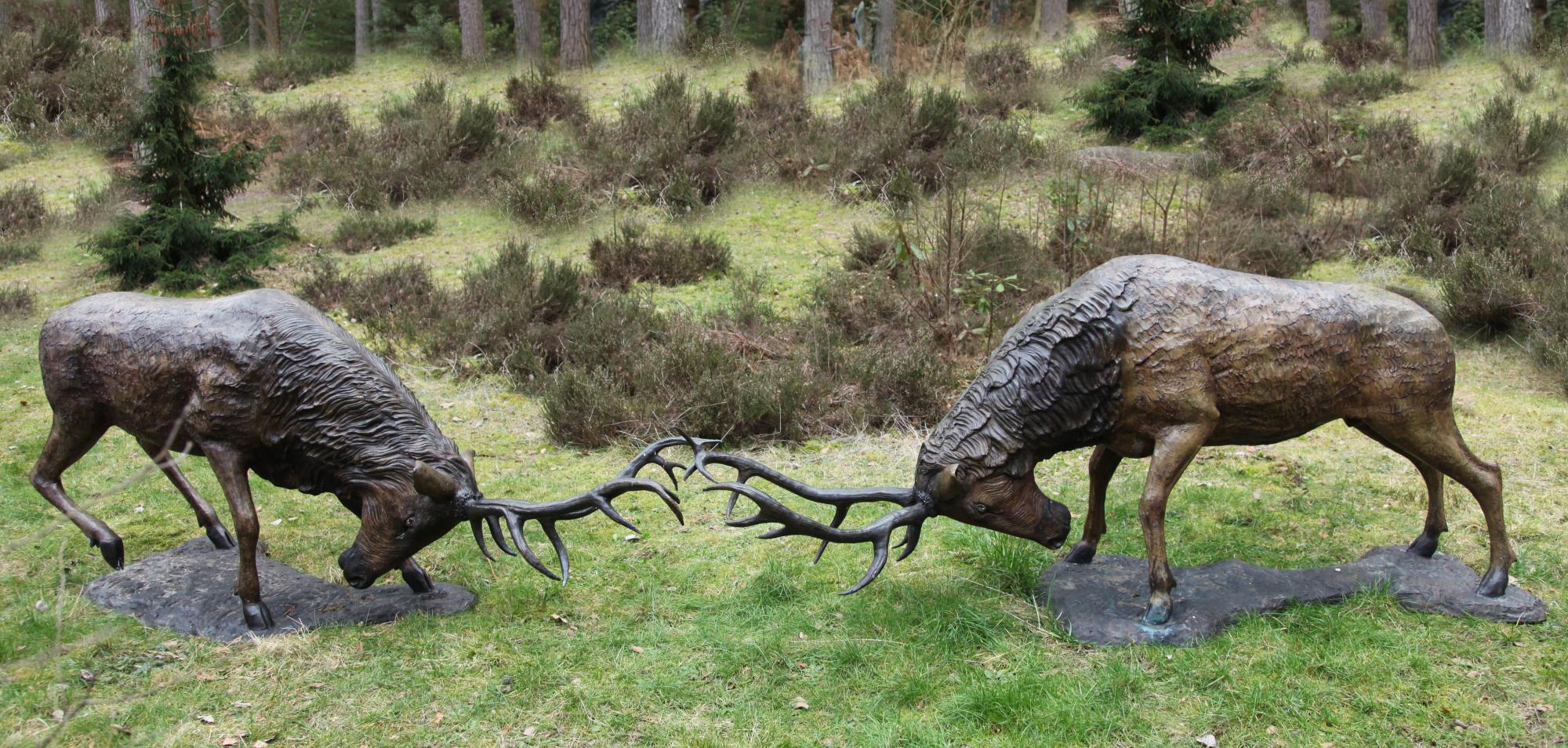 Sculpture: ▲ John Cox, (born 1941), A Pair of Red Deer Stags, Bronze with a variegated red-brown