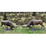 Sculpture: ▲ John Cox, (born 1941), A Pair of Red Deer Stags, Bronze with a variegated red-brown
