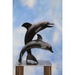 Sculpture: Leaping Dolphins, Bronze, 48cm high by 38cm wide by 29cm deep