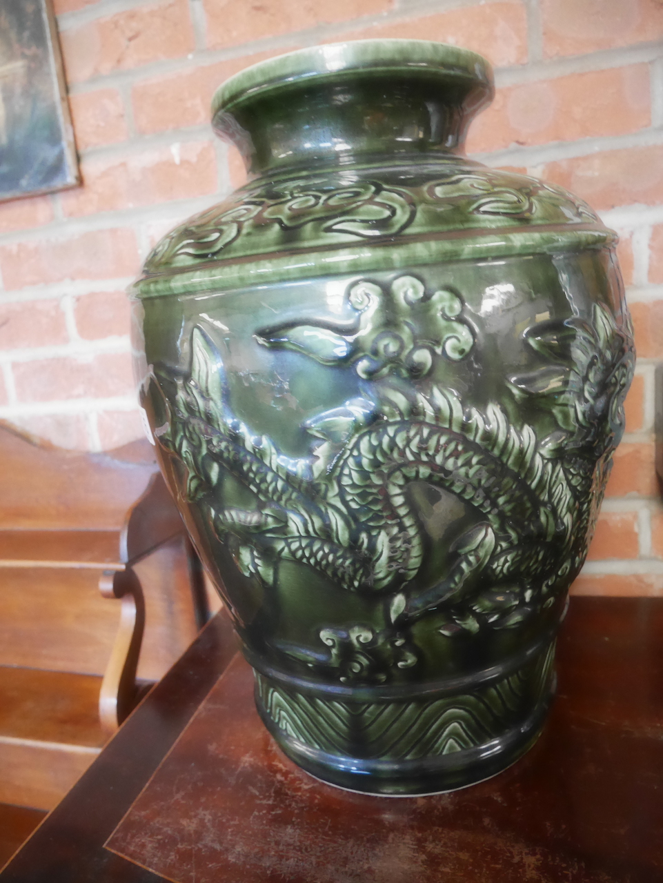 Green pottery vase with Chinese dragons 50cm