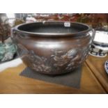 Oriental large bronze 2 handled pot with dragon design