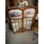 Inlaid Mahogany glass front corner cupboard with coaching pictures