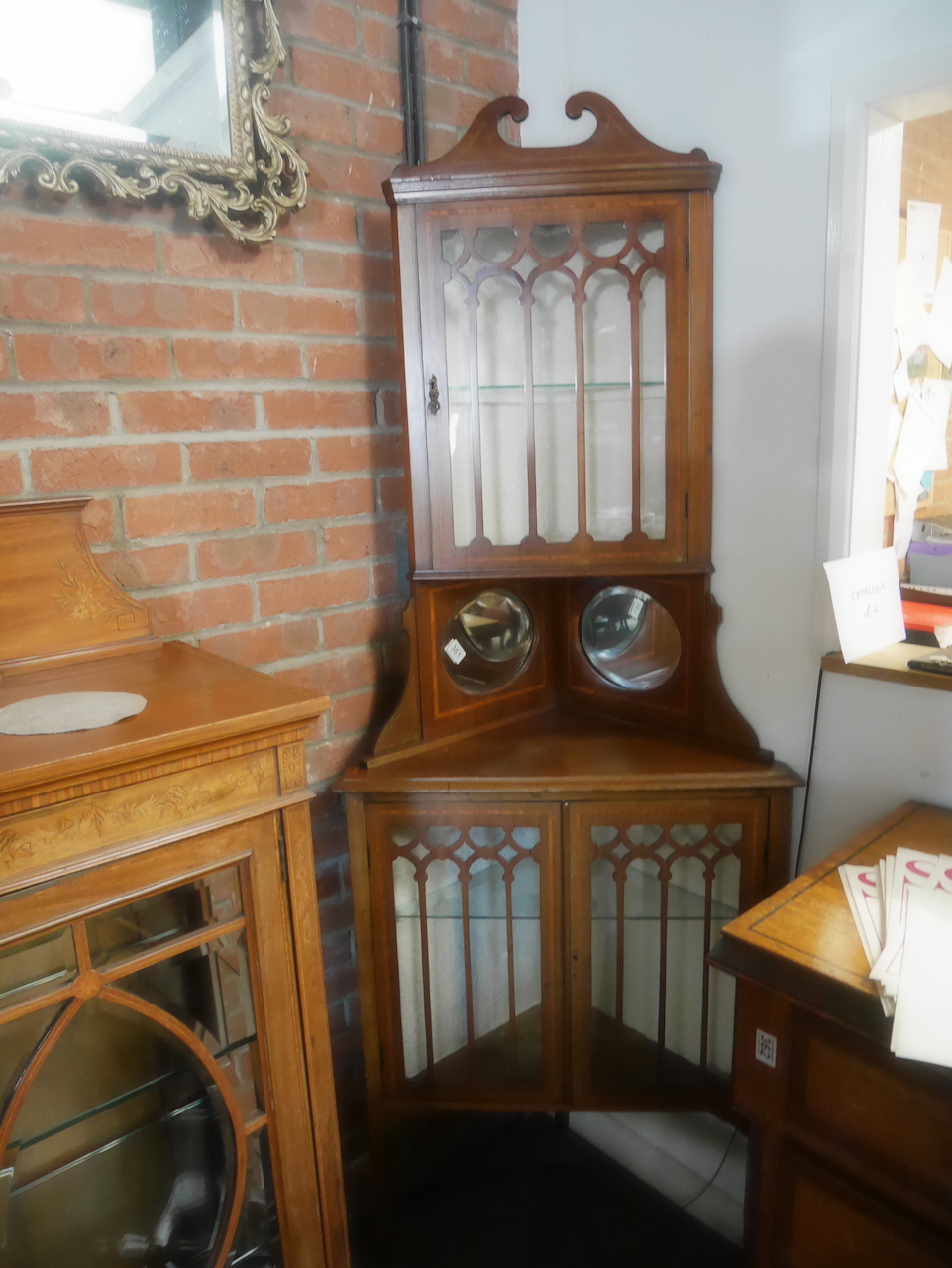 Edwardian inlaid mahogany corner display cabinet