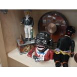 Money boxes, doll and clock