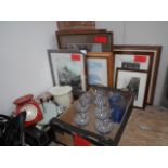 2 boxes - glasses etc, pictures and paintings