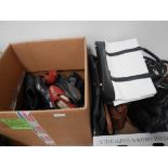 2 boxes - assortment of shoes and handbags