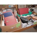 3 boxes - 7" singles, books, binoculars, cutlery