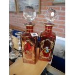 Pair of Red glass decanters with decoration