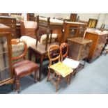 Oak cabinet, music stool, display cabinet chairs etc.