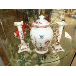 Coalport Red Coral Ginger Jar and Candlesticks