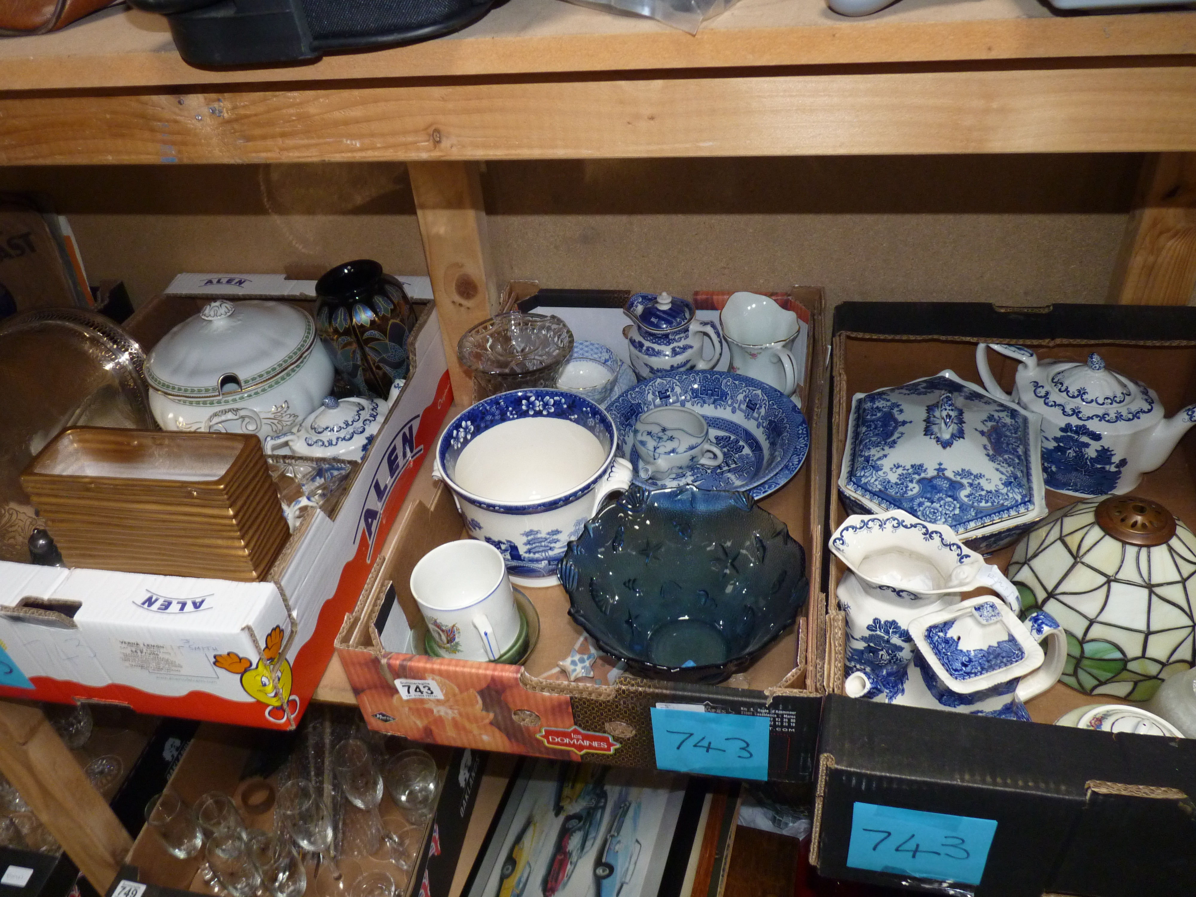 3 boxes of misc, incl blue and white crockery