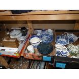 3 boxes of misc, incl blue and white crockery